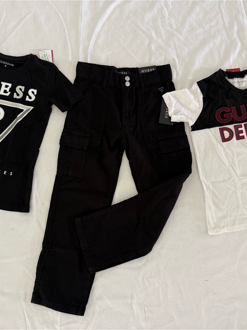 New boys Guess Sz 7 Black Cargo pants, 2 shirts bundle
